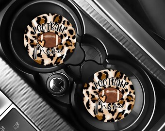 Football Mom Car Coaster, Leopard Print Auto Accessories, Sports Mom Gift Idea, Game Day Car Decor, Cute Car Cup Holder Insert Set of 2