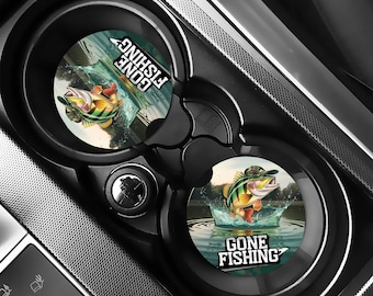 Fishing Car Coasters Set of 2, Gone Fishing Bass Coasters, Funny Fishing Gift for Men, Bass Fish Car Accessories, Fisherman Gift Idea
