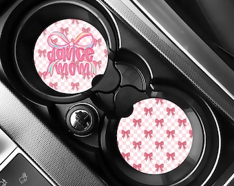 Dance Mom Car Coasters Set of 2, Coquette Pink Bow Car Accessories, Dancing Girly Cup Holder Coasters, Pink Checkered Auto Decor Gift