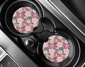 Pink Floral Car Coaster, Daisy Pattern Cup Holder Insert, Cute Retro Flower Car Accessories, Gift for Her, Absorbent Car Coaster Set of 2