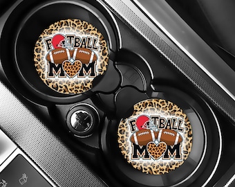 Football Mom Car Coaster, Leopard Print Auto Accessories, Sports Mom Gift Idea, Game Day Car Decor, Cute Car Cup Holder Insert Set of 2