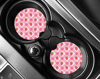 Strawberry Checkered Car Coaster, Retro Car Accessories, Cute Pink Checkerboard Cup Holder Insert, Cute Girly Auto Decor, Set of 2