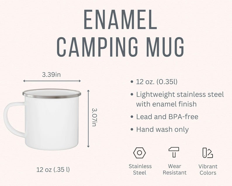 Puede incluir: Taza de camping de esmalte blanco con borde plateado. La taza mide 3,39 pulgadas de ancho y 3,07 pulgadas de alto. Tiene una capacidad de 12 onzas (0,35 litros). La taza est&aacute; hecha de acero inoxidable ligero con un acabado de esmalte. Es libre de plomo y BPA y se debe lavar a mano.