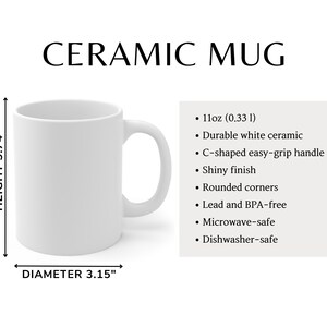 Puede incluir: Taza de cer&aacute;mica blanca con asa en forma de C. Tiene 9,5 cm de alto y 8 cm de di&aacute;metro. La taza es apta para microondas y lavavajillas.