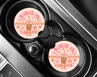 I Brake for Coffee Car Coaster, Funny Coffee Lover Car Accessories, Retro Aesthetic Floral Cup Holder Insert, Gift for Coffee Lover Set of 2