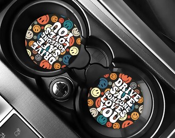 Drive Safe Someone Loves You Car Coaster, Retro Smile Face Car Accessory, Cute Aesthetic Auto Decor Set of 2