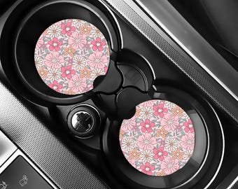 Light Pink Floral Car Coaster, Pastel Daisy Cup Holder Insert, Cute Girly Car Accessory, Gift for Her, Retro Flower Car Decor Set of 2