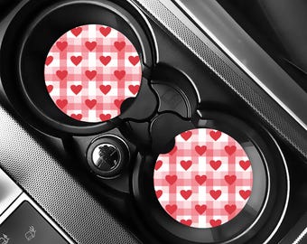 Checkered Heart Car Coaster, Retro Car Accessories, Cute Pink Checkerboard Cup Holder Insert, Cute Girly Auto Decor, Set of 2