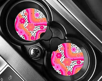 Retro Groovy Flower Car Coaster Set of 2, Cute Car Accessories for Women, Cup Holder Coasters, Car Decor, Gift for Her, New Driver Gift