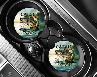 Fishing Car Coasters Set of 2, Catch Me If You Can Bass Coasters, Funny Fishing Gift for Men, Bass Fish Car Accessories, Fisherman Gift