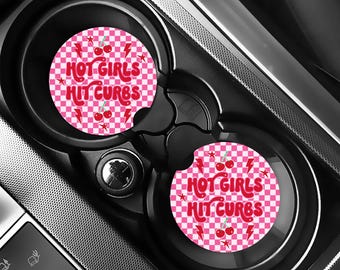 Hot Girls Hit Curbs Car Coaster, Funny Retro Car Accessories, Cute Pink Checkerboard Cup Holder Insert, Cute Girly Auto Decor, Set of 2