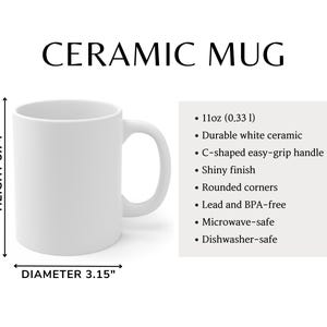 May include: White ceramic mug with a C-shaped handle. It is 3.74 inches tall and 3.15 inches in diameter. The mug is microwave and dishwasher safe.