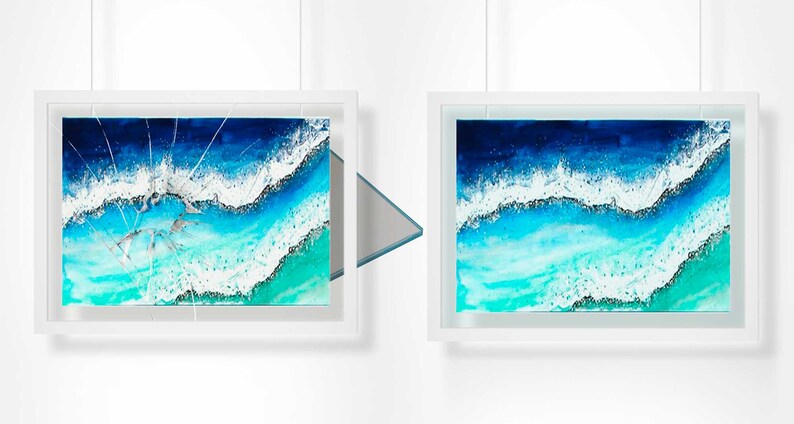 May include: Two framed paintings of ocean waves. The painting on the left has a cracked glass pane. The painting on the right has an intact glass pane.