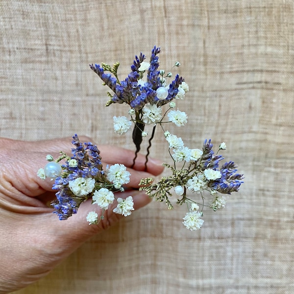 Dried baby’s breath hair pins with hint of purple statice and pearl, Rustic style wedding and event