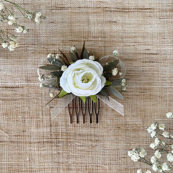 Small ivory flower hair comb with hint of dried eucalyptus and baby’s breath for brides, bridesmaids and flower girls, Rustic wedding