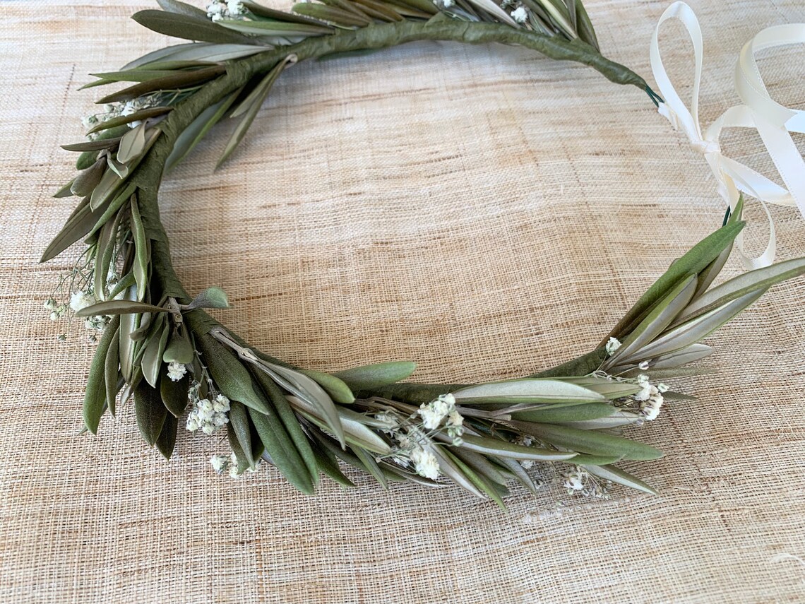 Dried olive leaf head crown with hint of babys breath for | Etsy