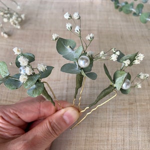 Dried eucalyptus and baby’s breath hair pin with hint of pearl, Rustic farm style wedding and events