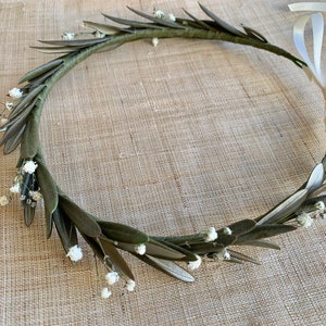 Real dried olive leaf head crown with hint of baby’s breath for brides, bridesmaids and flower girls, Rustic boho style wedding