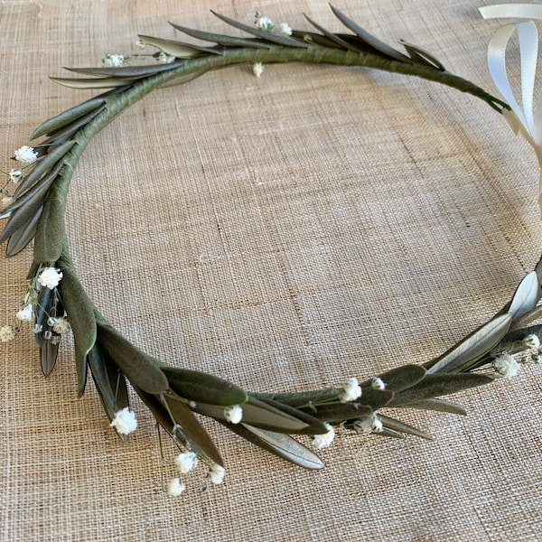 Real dried olive leaf head crown with hint of baby’s breath for brides, bridesmaids and flower girls, Rustic boho style wedding