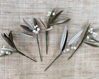 Dried olive leaf hair pieces with hint of dried baby’s breath, Rustic farm style wedding and events