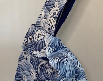 Wave Japanese Knot Bag, Japanese Knot Bag, Wrist Bag, Reversible Knot Bag, Cotton Knot Bag, Fun Bag, Cute Knot Bag, Bento Box Bag