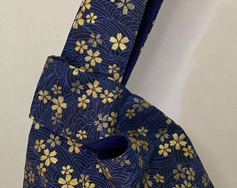 Gold Sakura Japanese Knot Bag, Sakura Japanese Knot Bag, Cherry Blossom Knot Bag, Wrist Bag, Japanese Knot Bag, Reversible Knot Bag