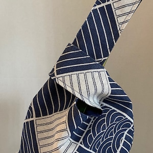 Patchwork Japanese Knot Bag, Japanese Knot Bag, Blue and Beige Japanese Knot Bag, Wrist Bag, Everyday Essentials Bag, Mother's Day Gift