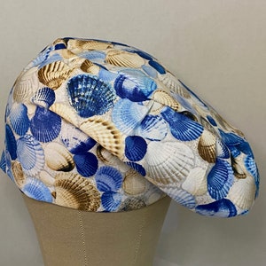 SCRUB CAPS: Sea Shells Euro Style Scrub Cap, Euro Style Scrub Scrub Cap, Surgical Scrub Cap, Cotton Scrub Cap, Fun Scrub Cap