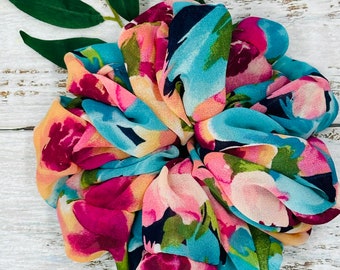 Scrunchies: Blooming Teal Floral Chiffon  Scrunchie, Large Scrunchie, Chiffon Scrunchie, Hair Accessories, Elastic Hair Tie