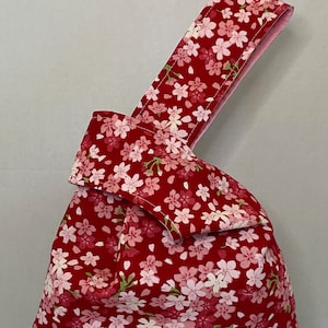 Sakura on Red Japanese Knot bag, Japanese Knot Bag, Sakura Knot Bag, Wrist Bag, Errand Bag, Everyday Essentials Bag, Cotton Knot Bag