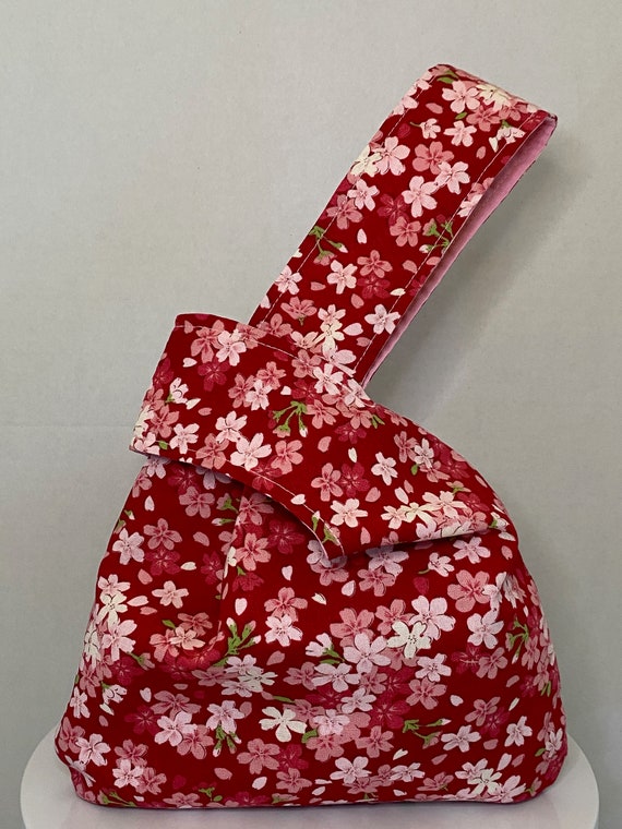 Sakura on Red Japanese Knot bag, Japanese Knot Bag, Sakura Knot Bag, Wrist Bag, Errand Bag, Everyday Essentials Bag, Cotton Knot Bag