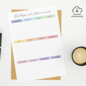 BIRTHDAY Planner Insert, Printable Birthday and Anniversaries List, Planner Insert, A4 / A5 / US Letter size