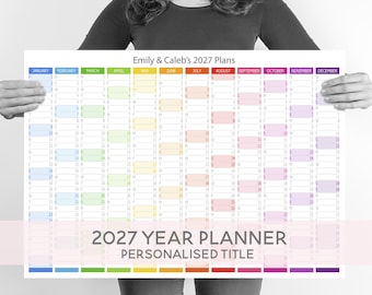 2027 Year Planner | Personalised Wall Calendar | Horizontal Year at a Glance | Bright Colours | A2 A1 A0 | Optional UK Bank Holidays