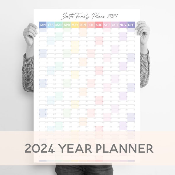 2024 Year planner, Personalised Wall Calendar 2024, Monthly Wall Planner, A1 / A2 VERTICAL Year Planner, Pastel, Script Font