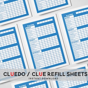 Vervangende CLUEDO-scorebladen, CLUE Detective-scorekaarten, navulbladen, direct downloaden, afdrukbaar, zowel witte als orchidee-versie