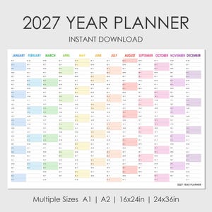 2027 Printable Wall Planner | Bright Colour Year at a Glance | Large Horizontal Calendar | A1 A2 16x24 24x36 | Instant Download