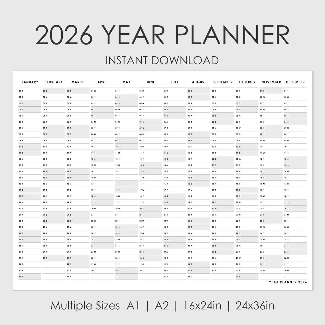 Printable 2026 Year Planner | Minimalist Wall Calendar | Large Sizes A1