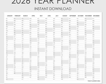 Planificador anual imprimible 2026 / Calendario de pared minimalista / Tamaños grandes A1, A2, 16x24, 24x36 / Descarga instantánea de archivos PNG / Diseño monocromático