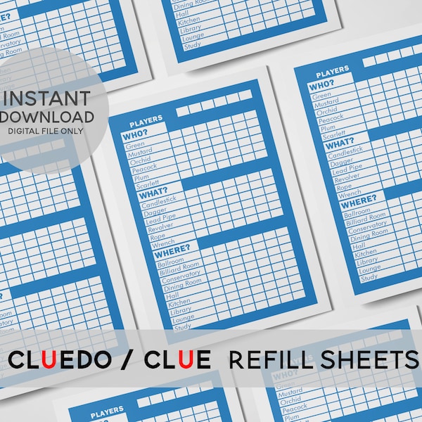 CLUEDO Replacement Score Sheets, CLUE Detective Score Cards, Refill Sheets, Instant Download, Printable, Both White and Orchid versions