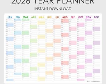 Printable 2026 Year Planner | Colourful Wall Calendar | Large Sizes A1 A2 16x24 24x36 | Instant Download PNG files | Wall Organiser