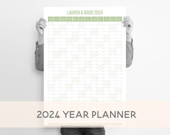 Personalised 2024 Year Planner, Minimalist Wall Calendar, Pistachio Green, Large Year Planner A1 or A2, Office Planner, Family Organiser