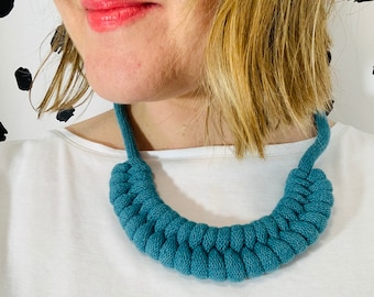 MAYA Statement Necklace / Knotted Cotton Necklace in teal blue