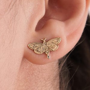 14K Solid Gold Moth Earrings, Luna Moth Stud Earrings, Moth Jewelry, Moth Wings Earrings, Gift for Bestfriend, Moth Lover Gift