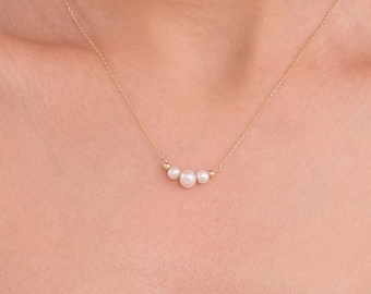 14K Solid Gold Triple Pearl Necklace, Small Real Pearl Necklace, Dainty Freshwater Pearl Jewelry,  3 Pearl Necklace, 30th Birthday Gift