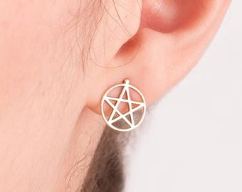 14K Solid Gold Pentagram Stud Earrings: Witch Jewelry Birthday Gift