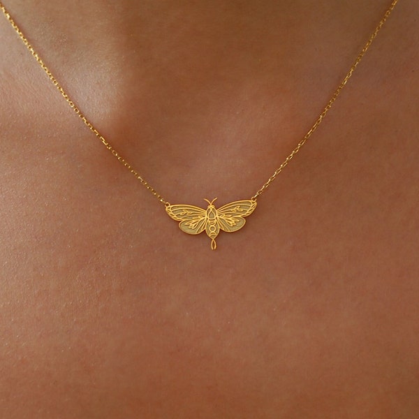 14K Solid Gold Moth Necklace, Insect Necklace, Luna Moth Necklace, Moth Jewelry, Moth Wings Necklace, Moth Pendant, Animal Lover Gift