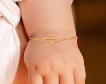 14K Solid Gold Cross Bracelet, Dainty Crucifix Tiny Bracelet for Kids and Baby, Baptism Gift, Religious Charm, Baby Boy, Baptism Gift Girl