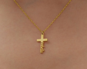 14K Solid Gold Personalized Cross Necklace, Custom Cross Name Necklace, Tiny Cross Necklace, Cross Name Necklace, Birthday Gift