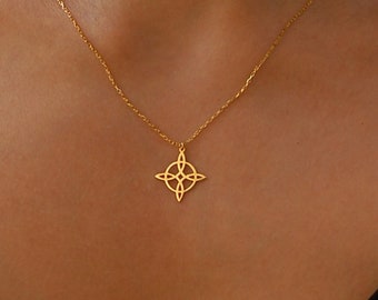 14K Solid Gold Witches Knot Necklace, Witch Necklace, Witches Knot Jewelry, Wiccan Jewelry, Gold Geometric Necklace, Birthday Gift