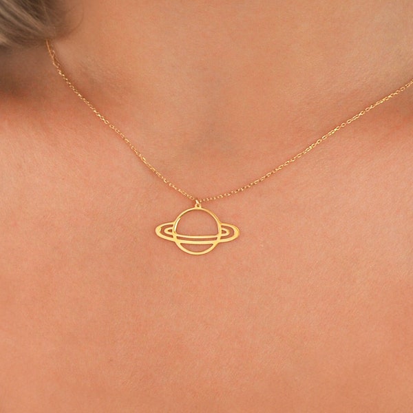 Collier Saturne en or massif 14 carats, collier galaxie avec Saturne, collier céleste, bijoux Saturne, collier espace, cadeaux pour la fête des mères